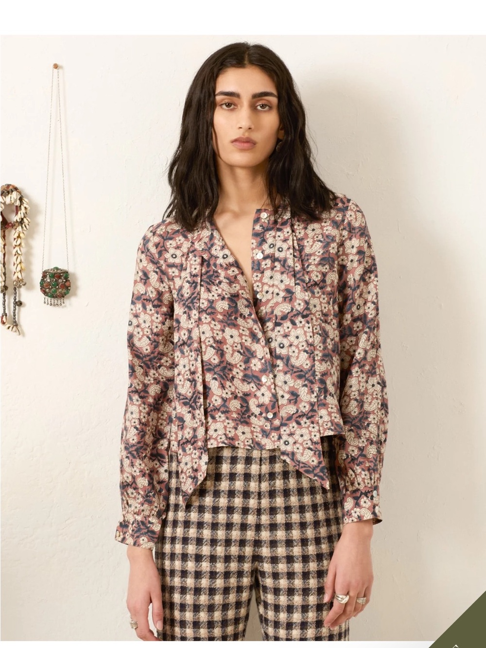 Alix Of Bohemia Pink/Navy Floral Cropped Long-Sleeve Blouse